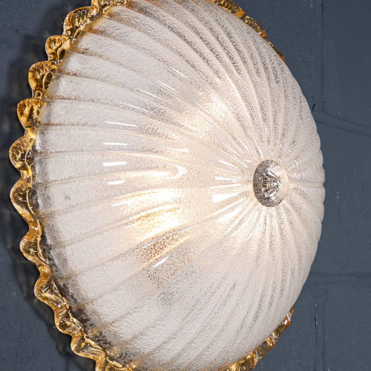 Vintage 20thc set of three frosted glass & brass wall lights, murano c.1980