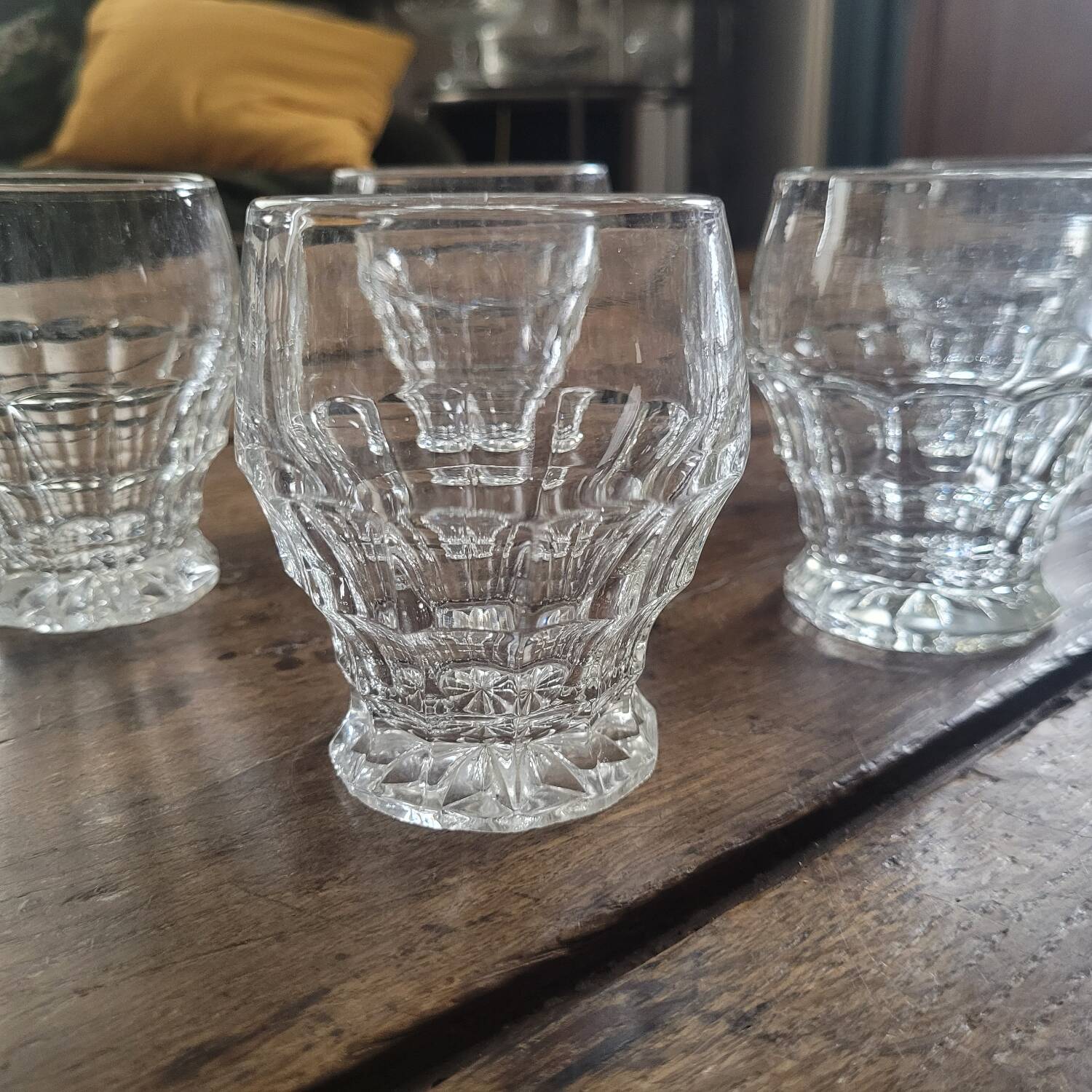 molded glass glasses with geometric decoration – France, 1950s