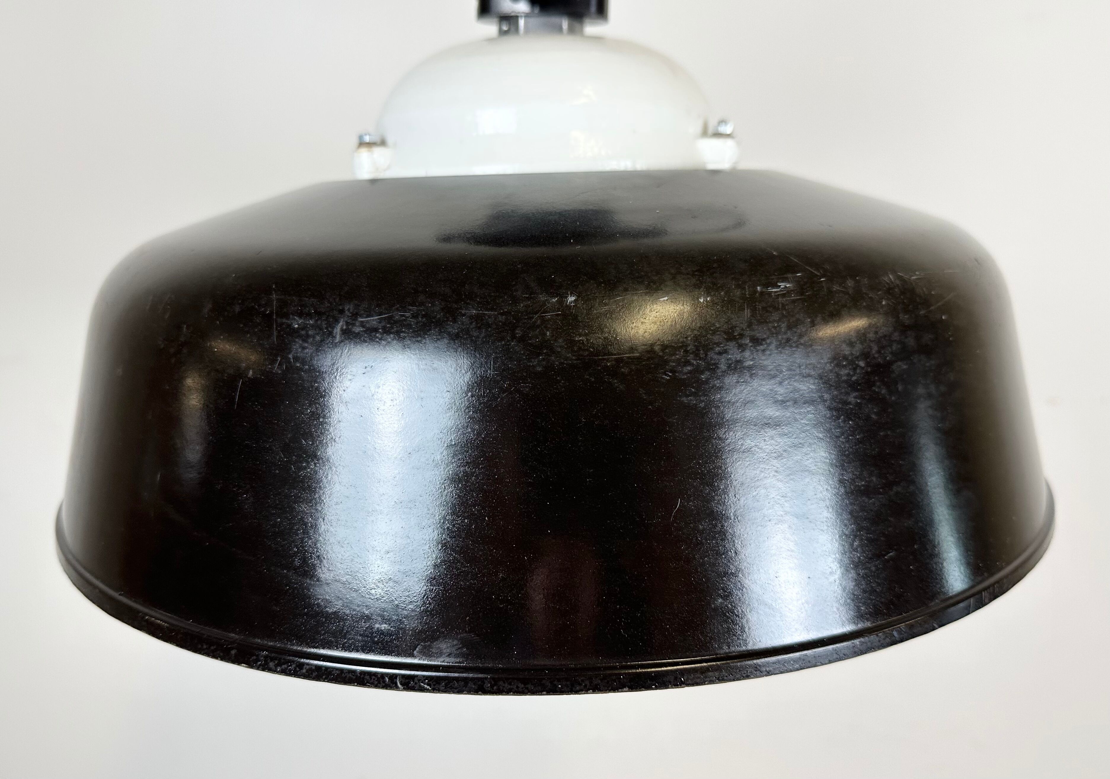 Industrial black enamel lamp with glass cover, 1950s