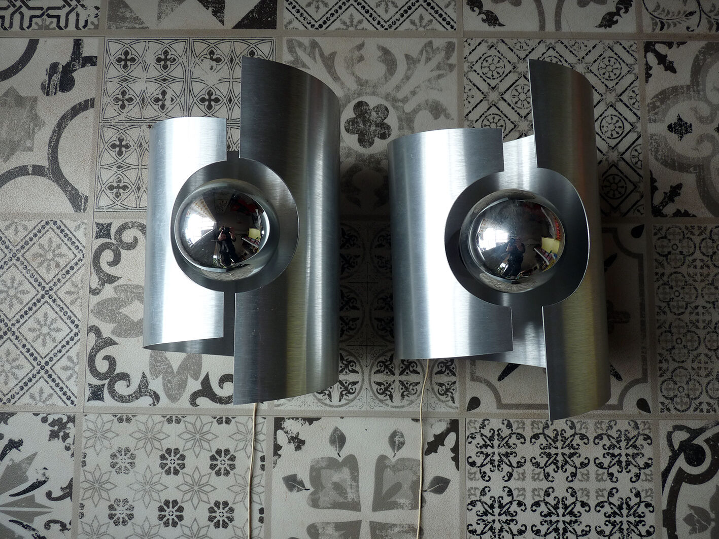 Pair of "roll" or ufo vintage brushed metal wall / 1960