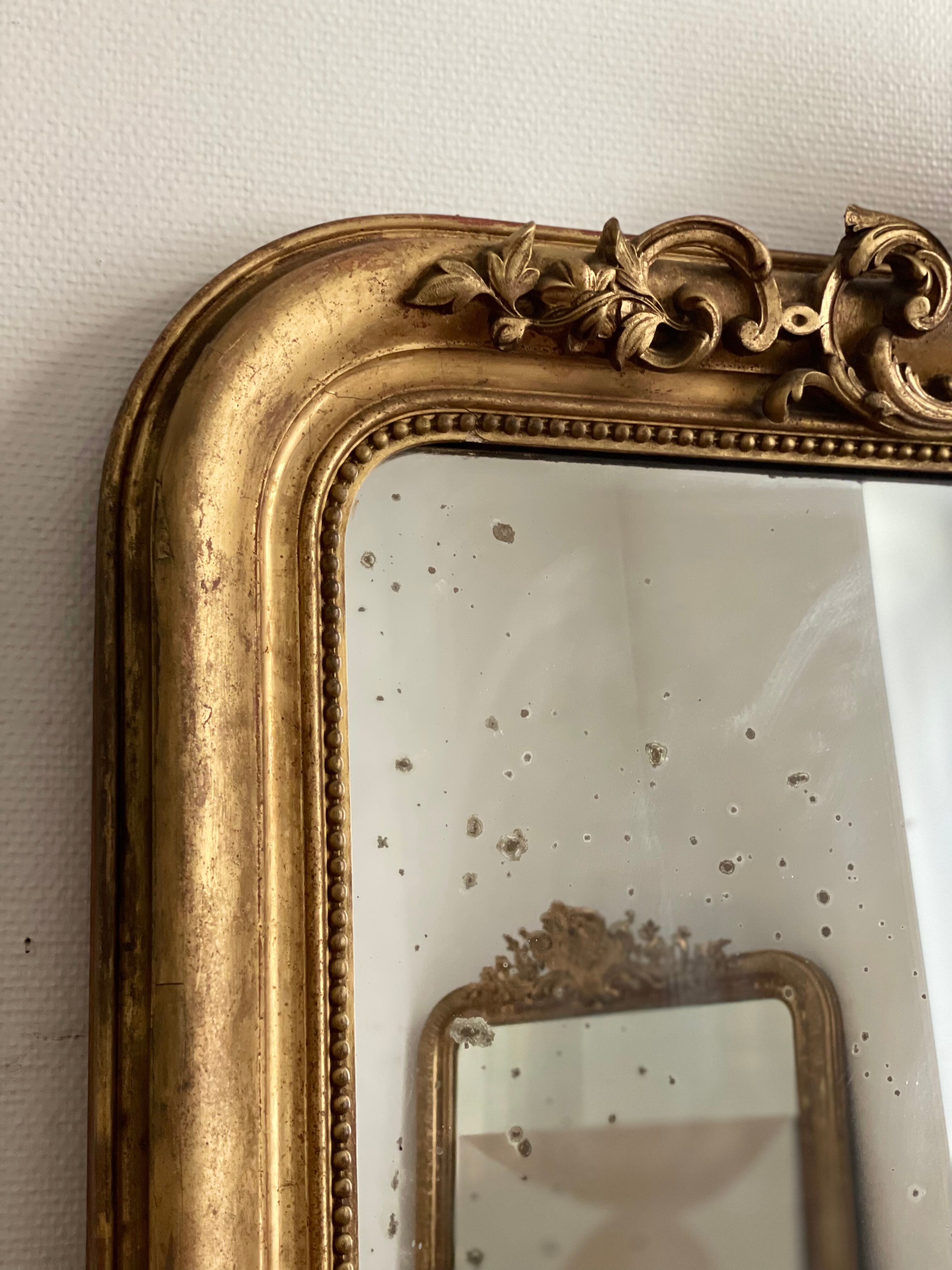 Old mirror louis Philippe Dore gold leaf pediment gilded fireplace