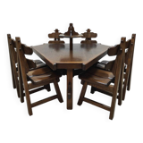 Spanish design vintage brutalist oak dining set chairs & table