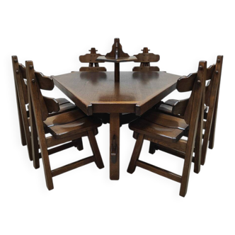 Ensemble de salle à manger brutaliste vintage en chêne avec chaises et table