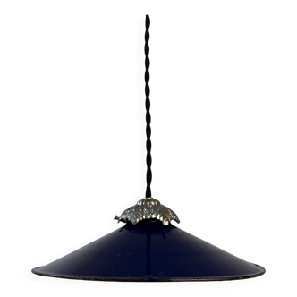 Old industrial pendant light in blue enamelled sheet metal