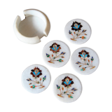 Set of 5 marble and inlaid stone coasters - Artisanal