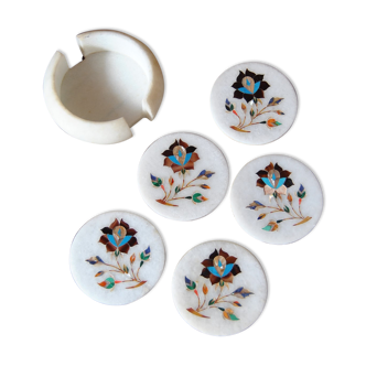 Set of 5 marble and inlaid stone coasters - Artisanal
