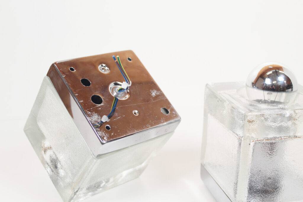 Set (2) of metal and ice glass 'cube' wall lights, Germany 1970s