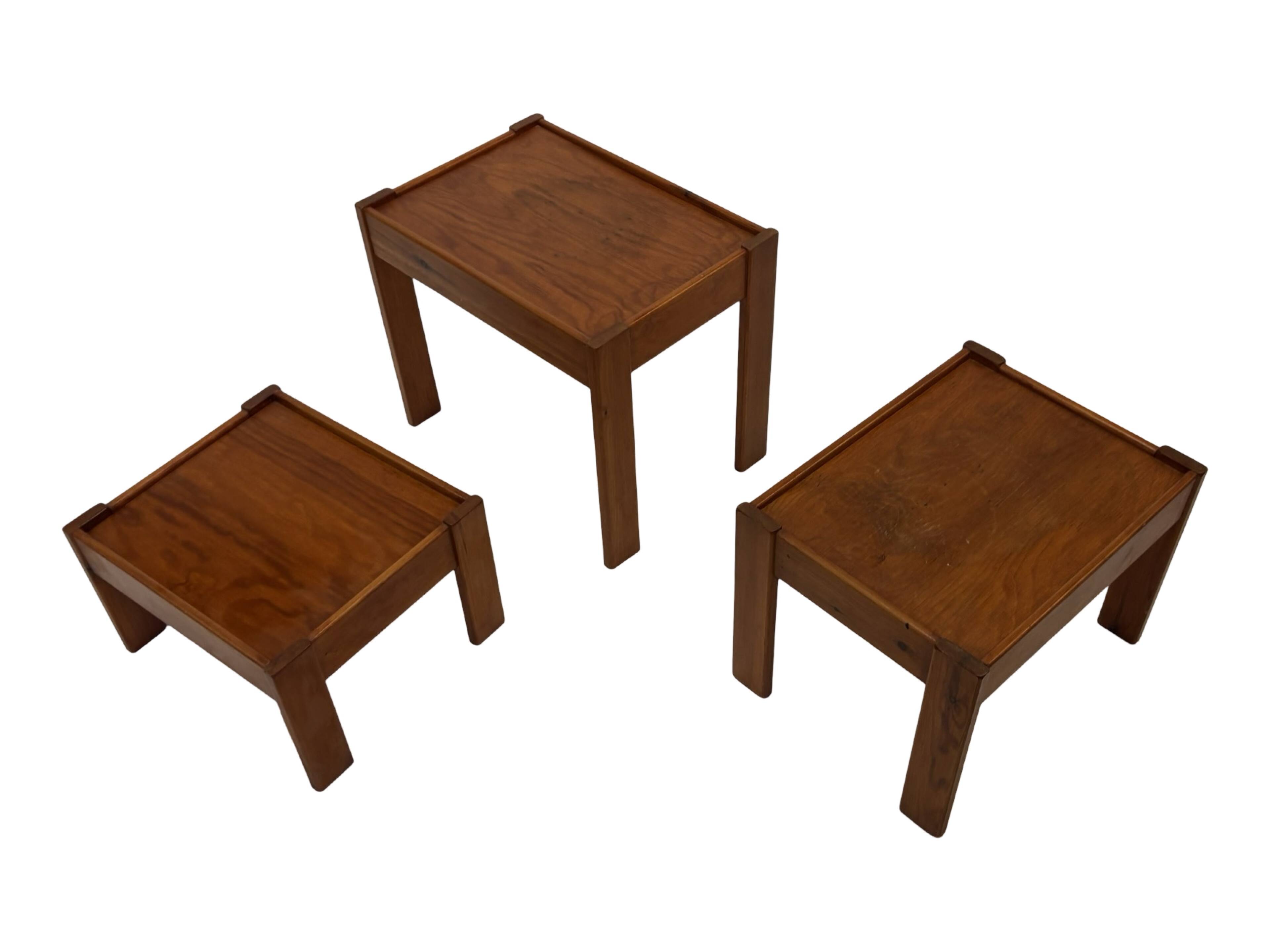 Vintage set of 3 side tables nesting pine wood 60s