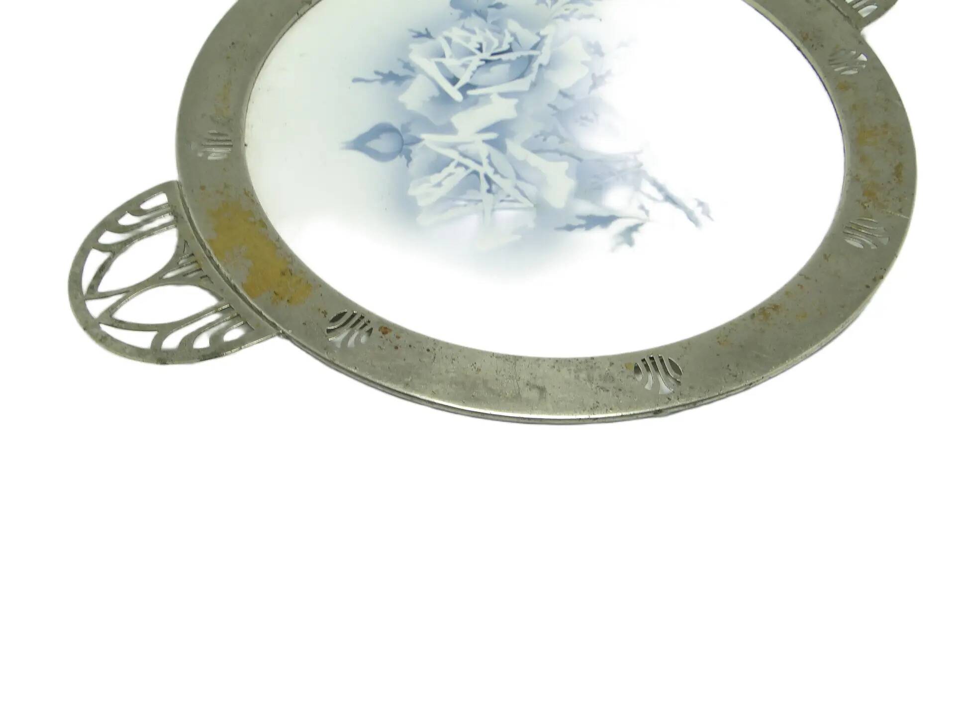 Art Nouveau tray, silver-plated brass, white porcelain, Austria, early 20th century