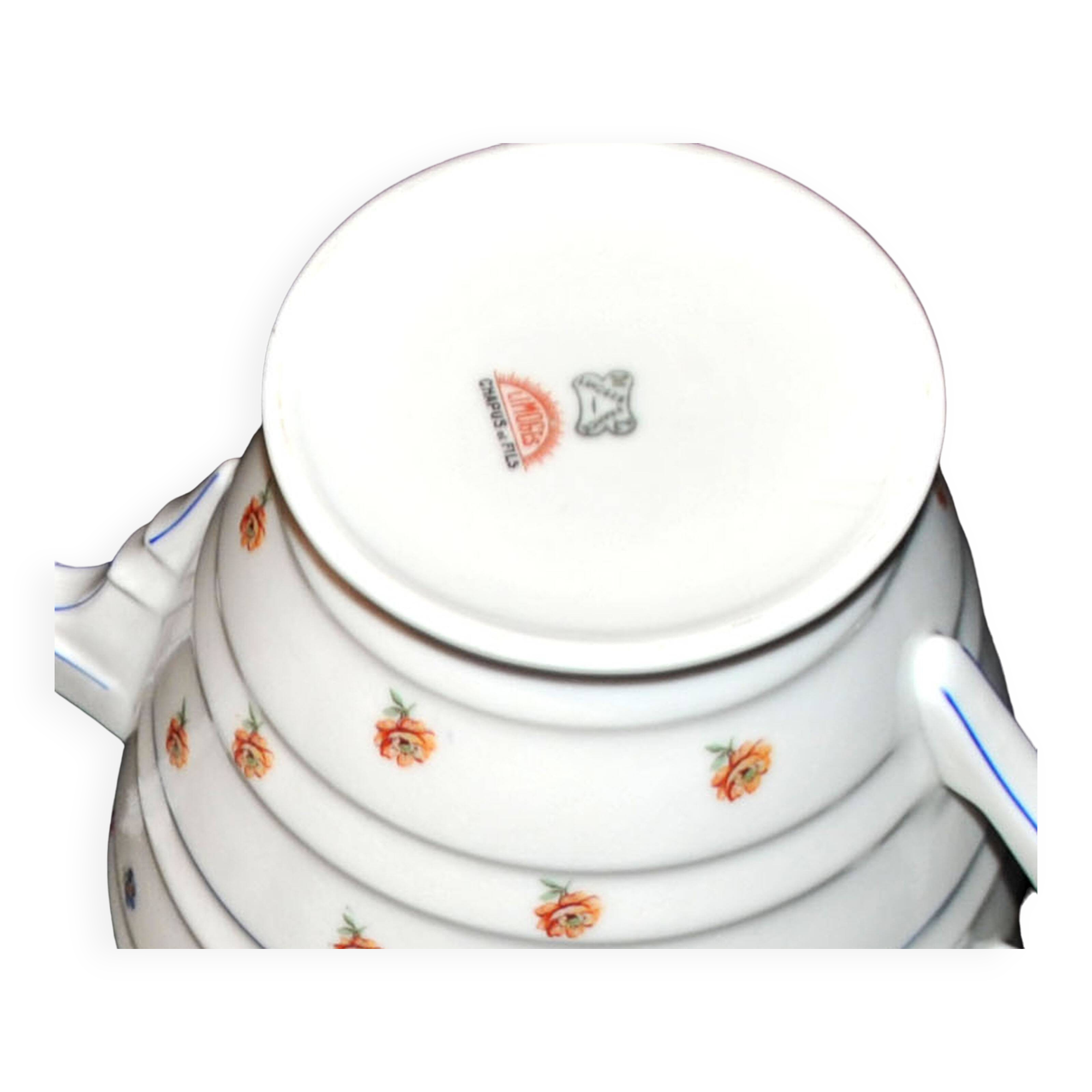 Service à thé Art Déco théière, 10 tasses en porcelaine de Limoges Chapus fils, 1930