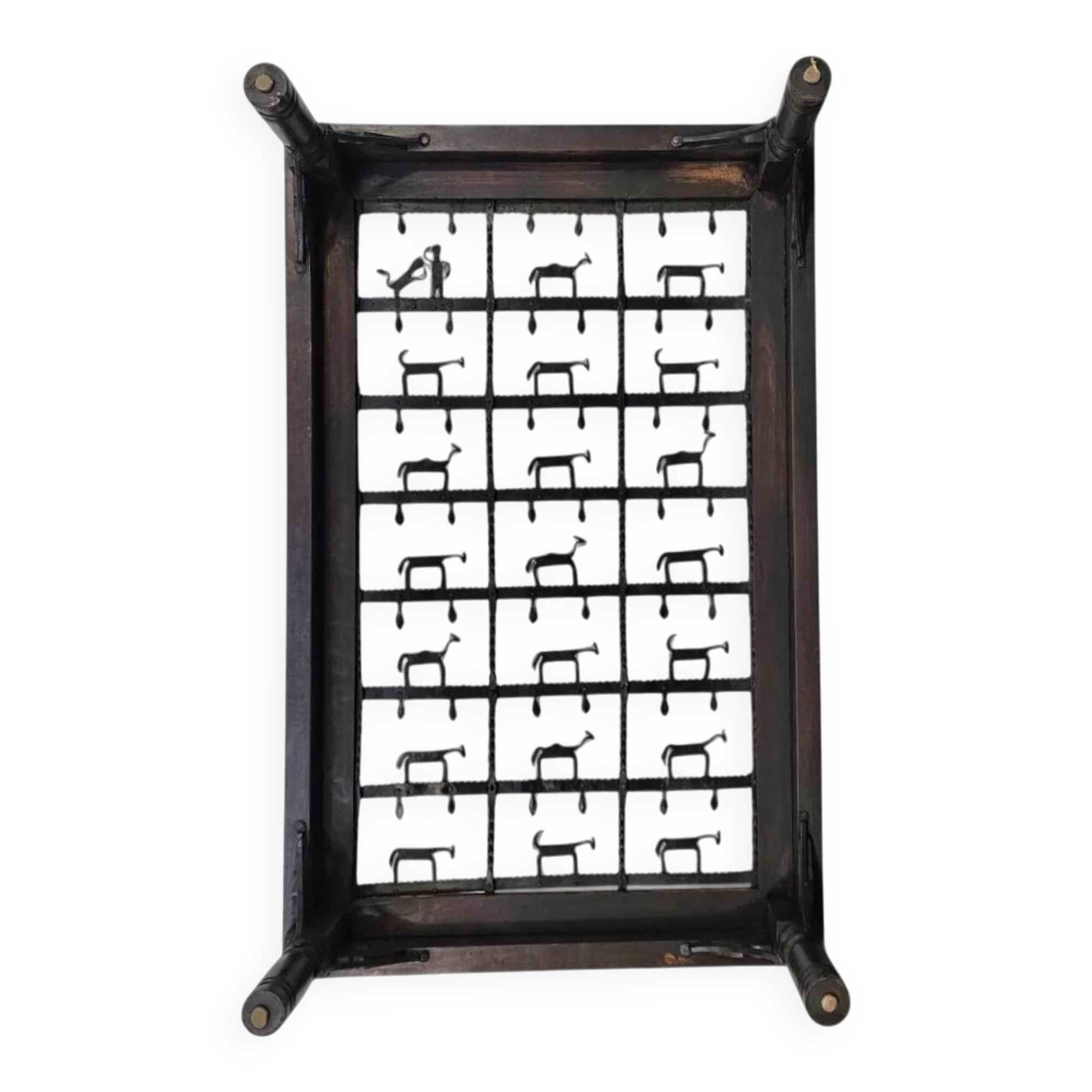 French brutalist coffee table, forged wrought iron, shepherd with dog and his herd, 1970s, transparent glass top