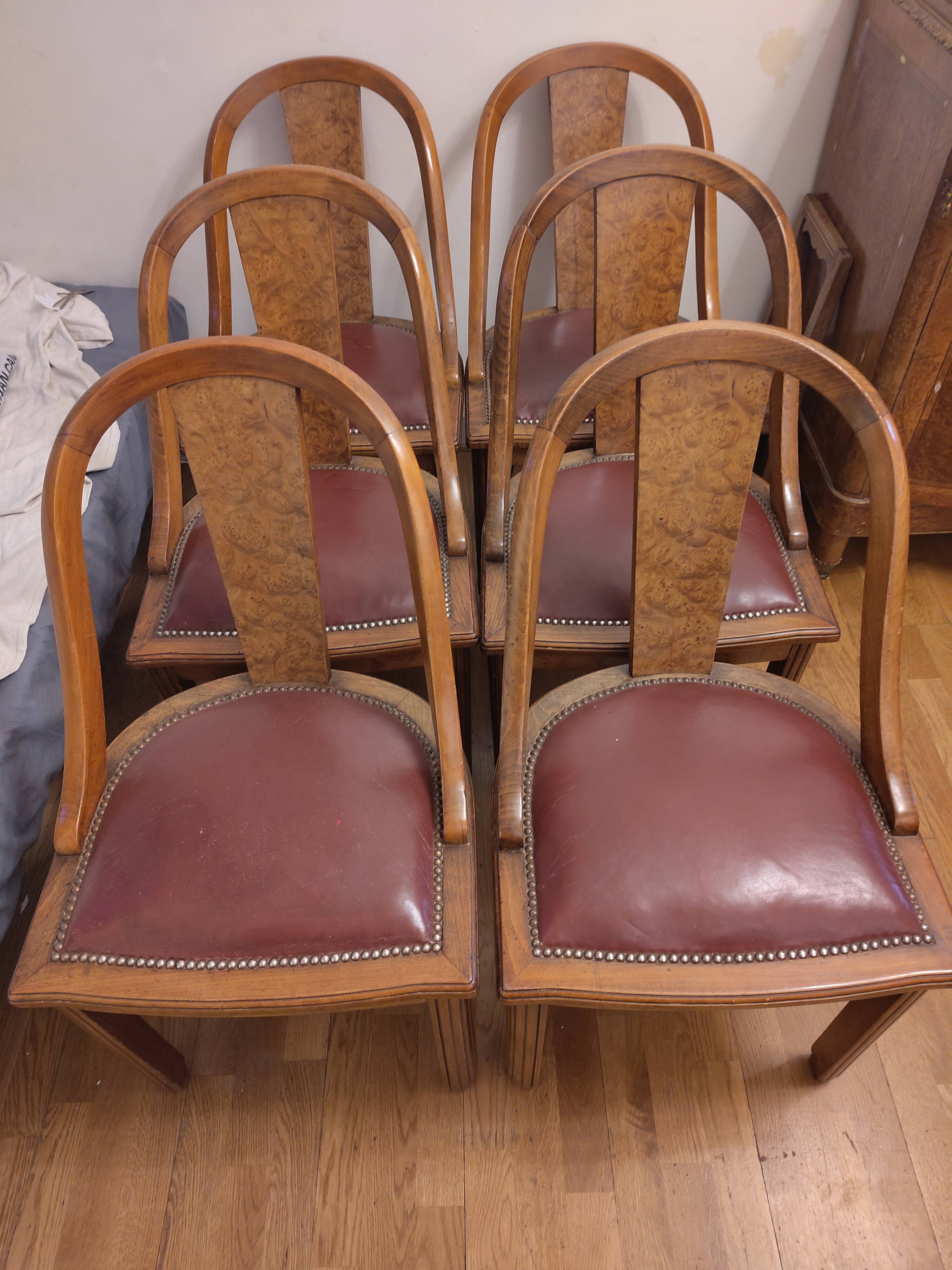 Set of 6 antique chairs - Art Deco style - Wood burl and leather