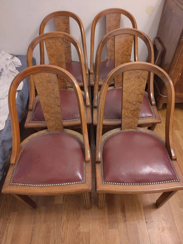 Lot de 6 chaises anciennes - Style Art Déco- Loupe de bois et cuir