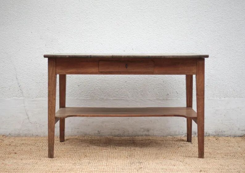 Antique oak kitchen table, office or work table, wooden furniture, decor, 19th century.