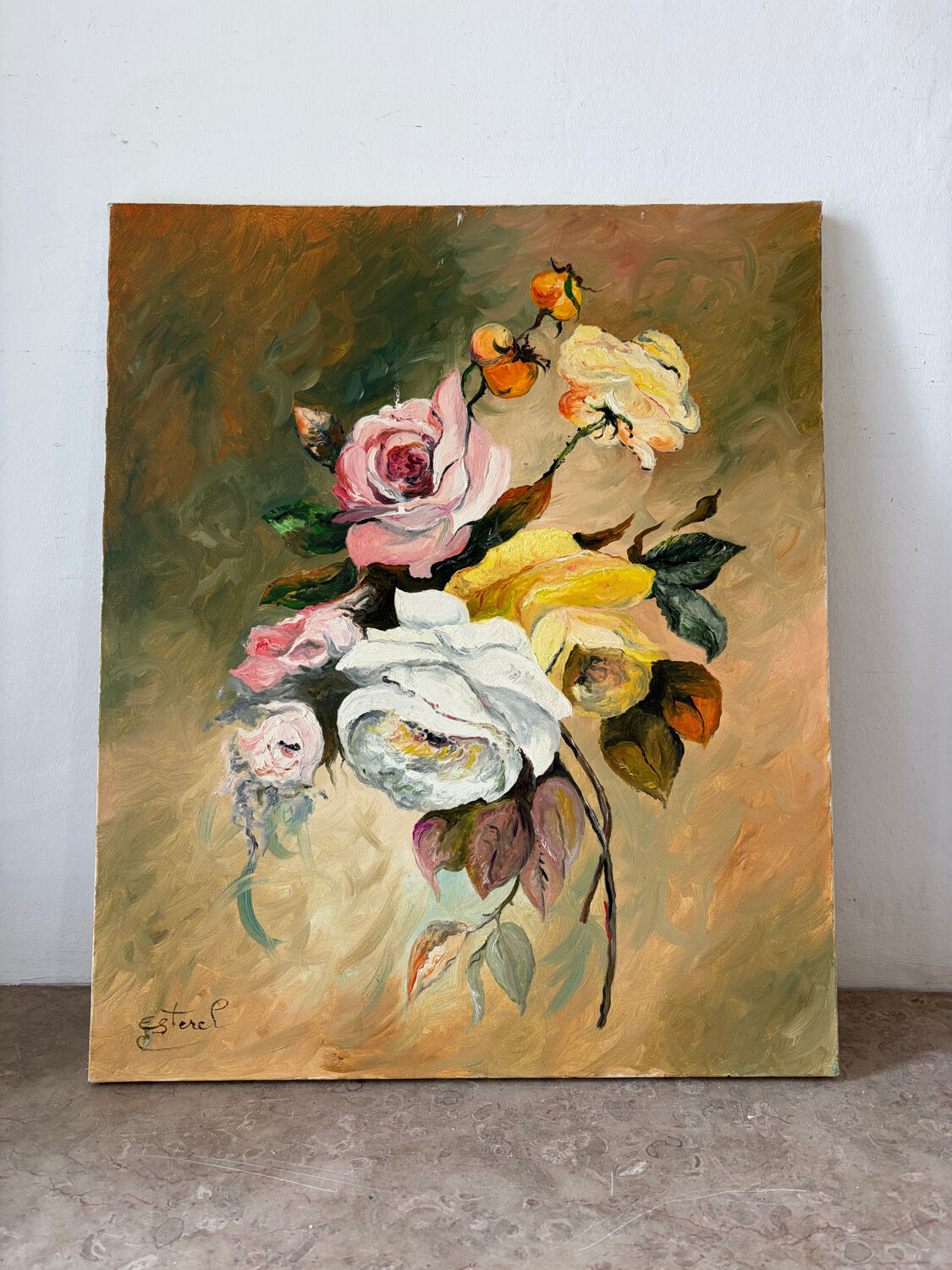 Autumn roses, oil on canvas signed Esterel.