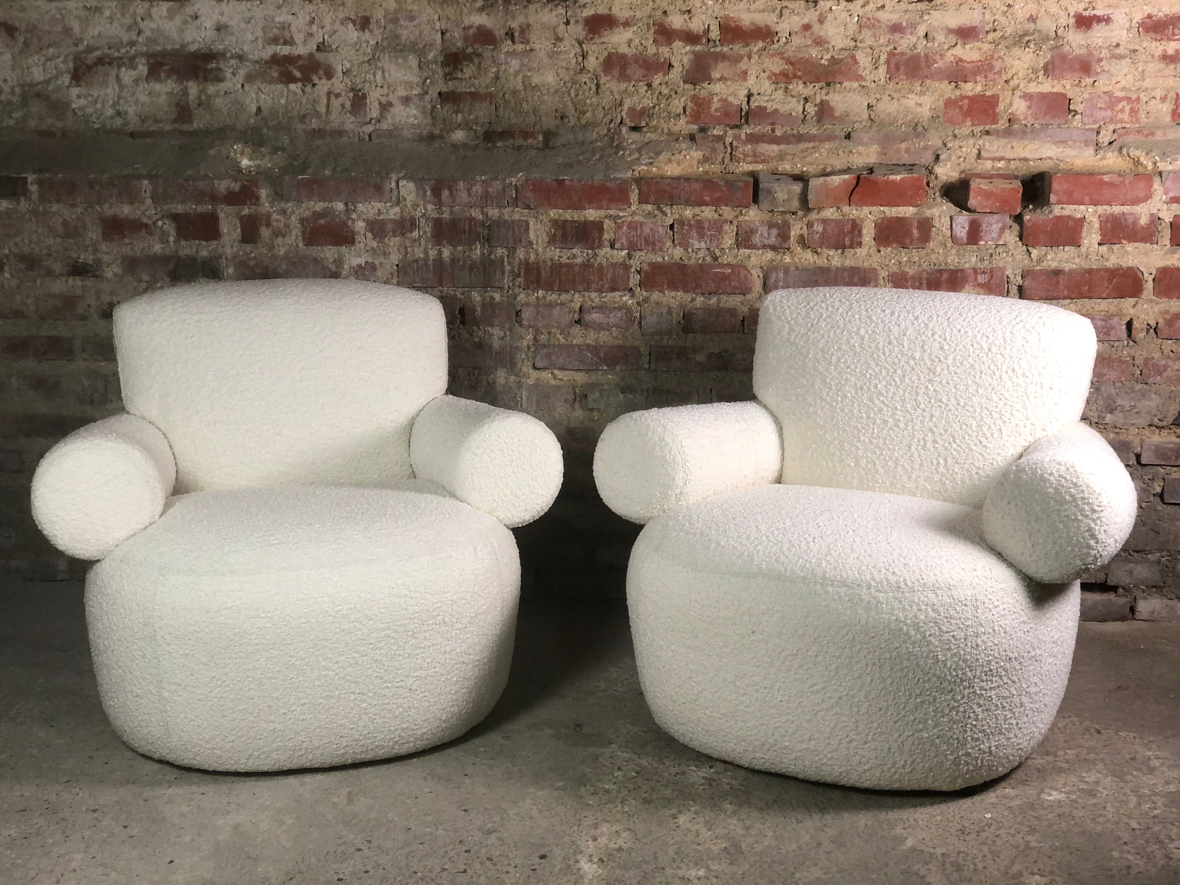 Armchairs (the pair) ecru in curly wool