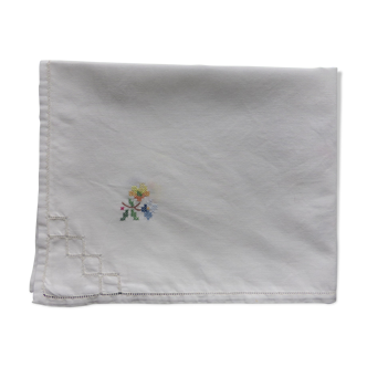 Old white cotton tablecloth embroidered with flowers 82x84cm