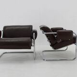 1950s Pair of Tubular Armchairs in Leather, Czechoslovakia