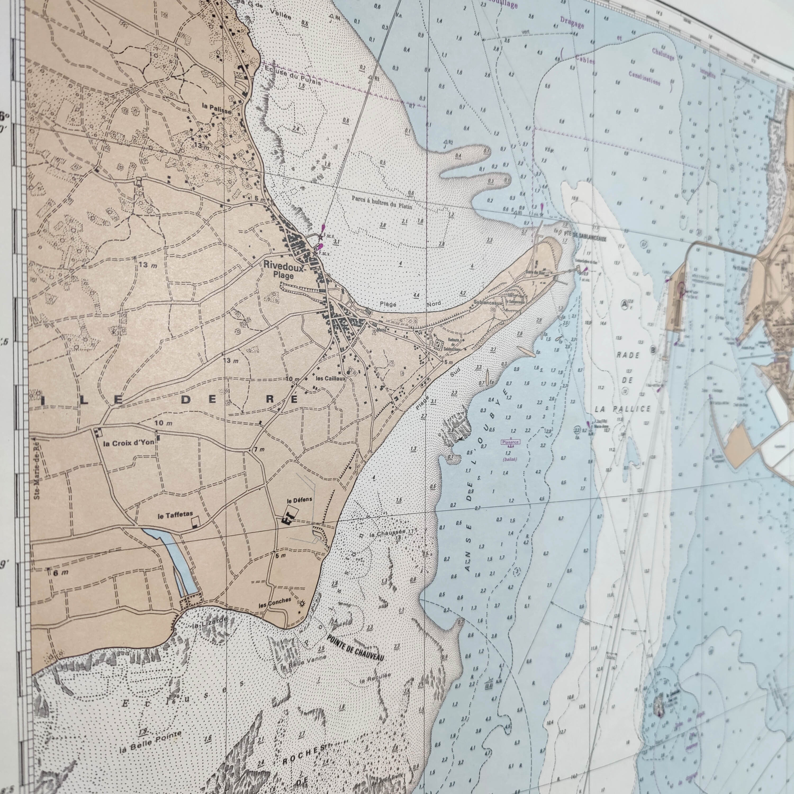 Vintage map of the bay of La Rochelle Charente Maritime 1965