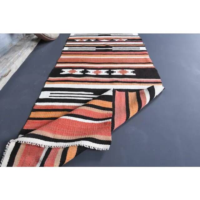Vintage Turkish Oushak handmade wool cotton orange kilim runner rug 60x295