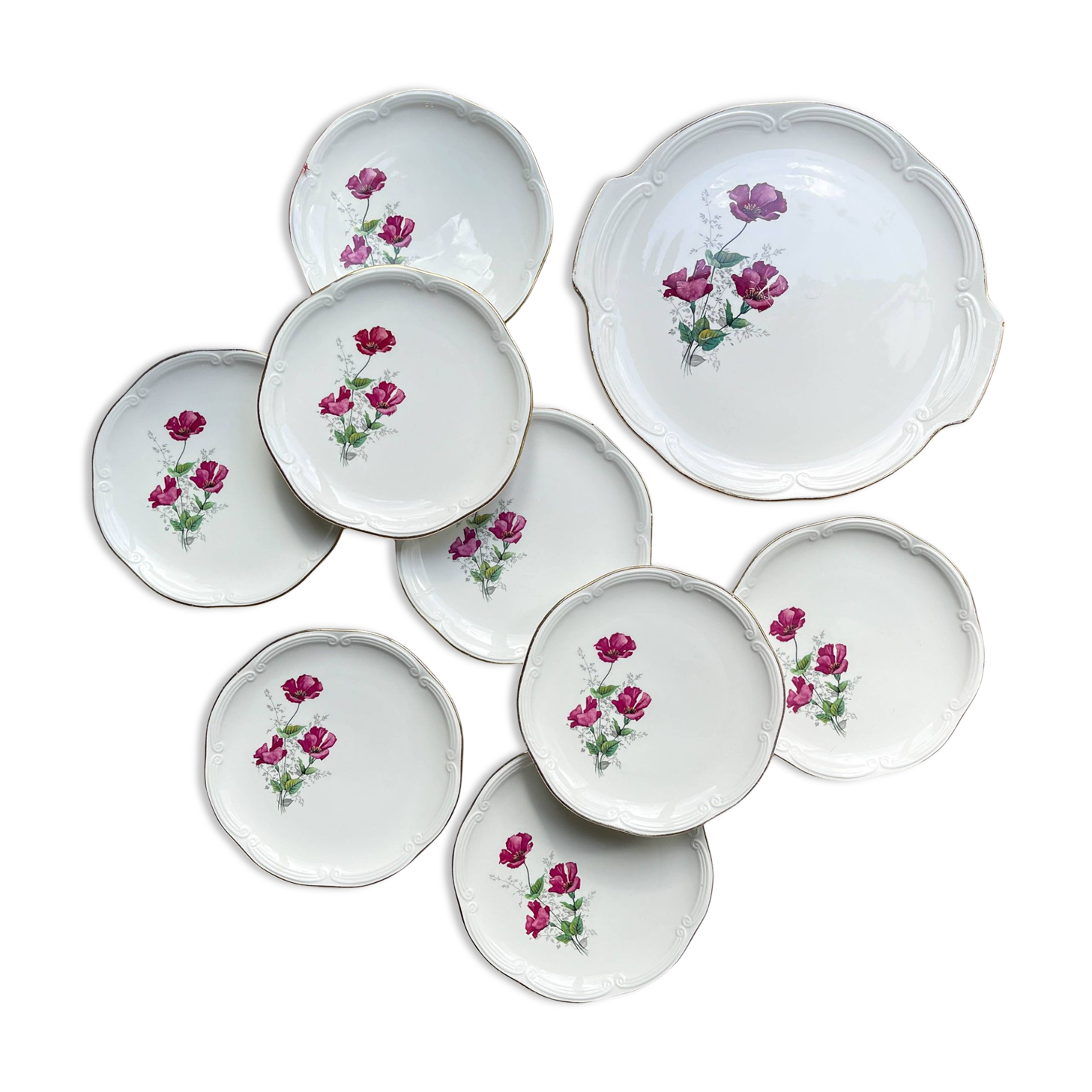Vintage dessert service for 8 people in Gien porcelain from France, Elegance model, floral motif