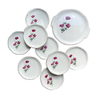 Vintage dessert service for 8 people in porcelain by gien france, elegance model, floral pattern