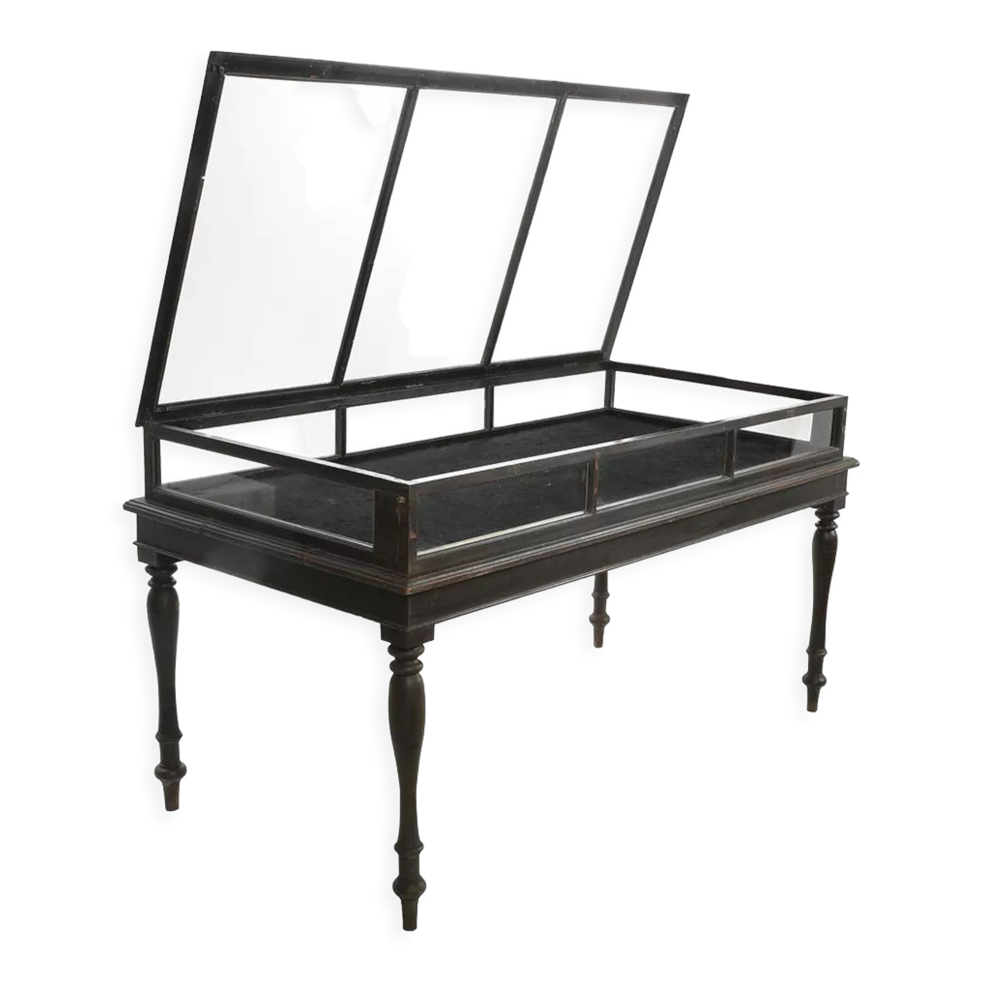 Table de présentation vitrée à bois sombre