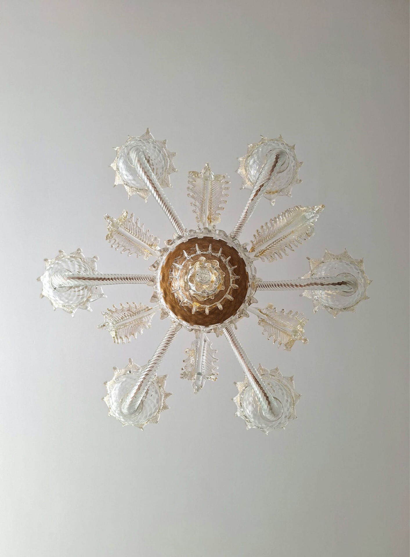 Large Murano glass chandelier with gold leaves, vintage light fixture.