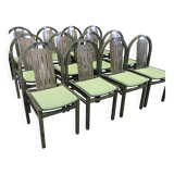 Set of 12 Baumann Argos bistro chairs in wood and green fabric from the 80s France