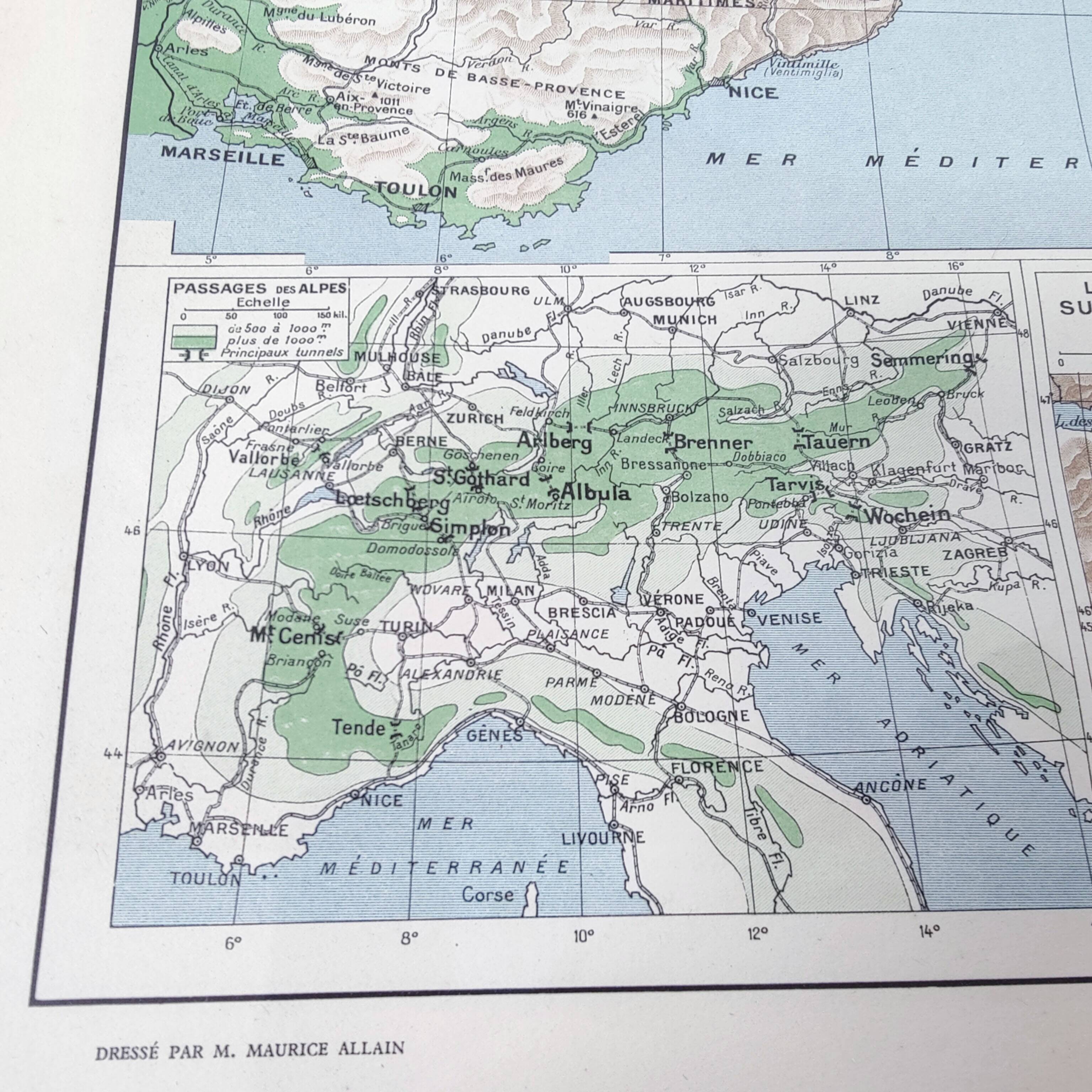 Vintage Europe Alps mountains map from 1950
