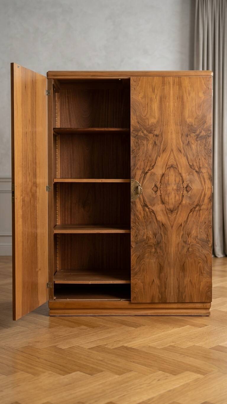 Vintage Art Deco Wardrobe - Walnut Burl Veneer "Open Book" - A