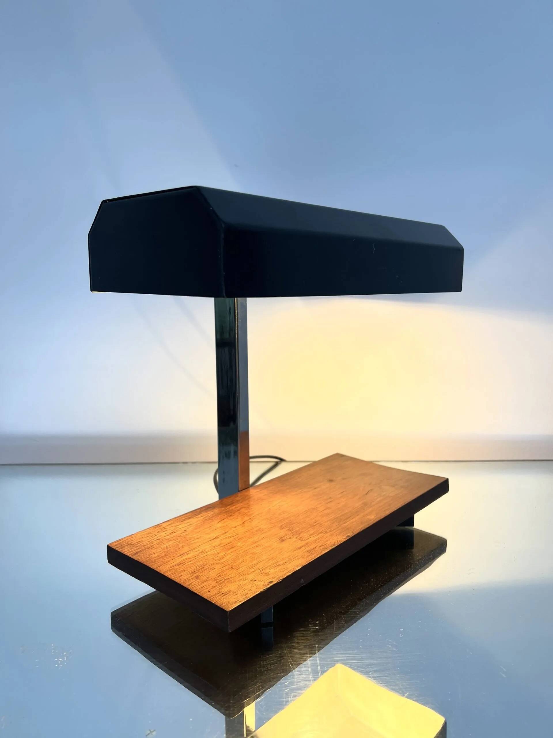 1950s desk lamp with teak base and grey lacquered metal