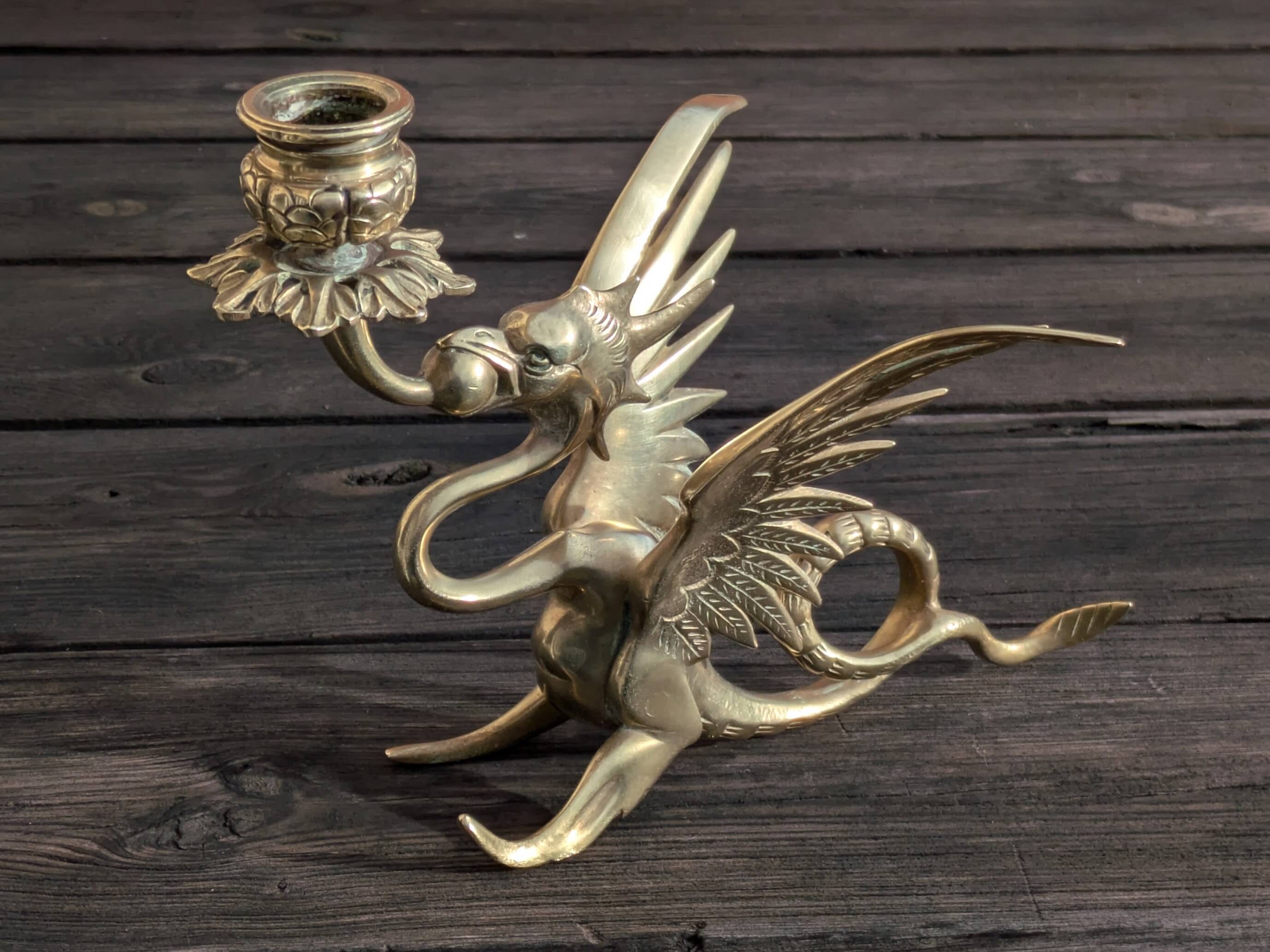 Large Brass Candlestick - Mythological Winged Griffin Dragon - Gothic