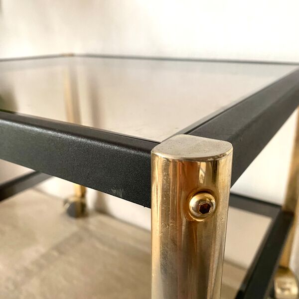 Desserte à roulettes vintage en métal et verre fumé