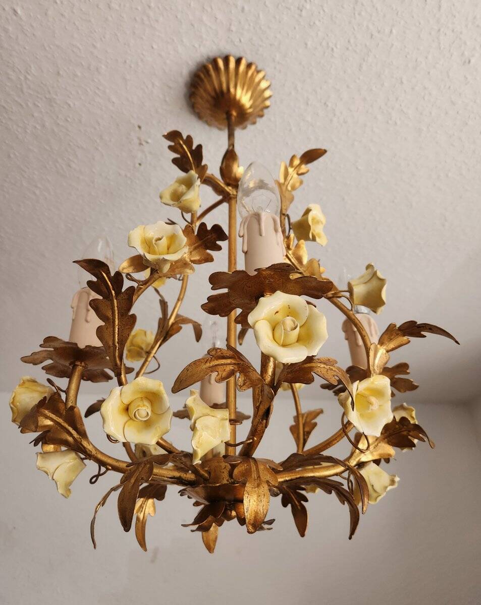 Hollywood Regency Vintage gold plated ceiling lamp porcelain roses Italy
