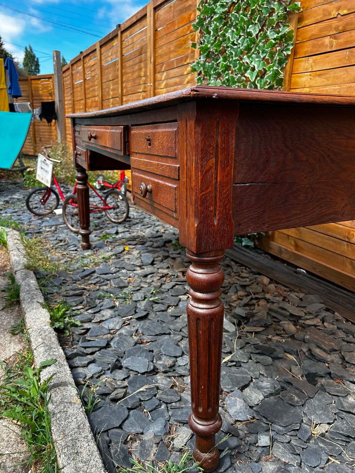 Antique oak desk - leather top