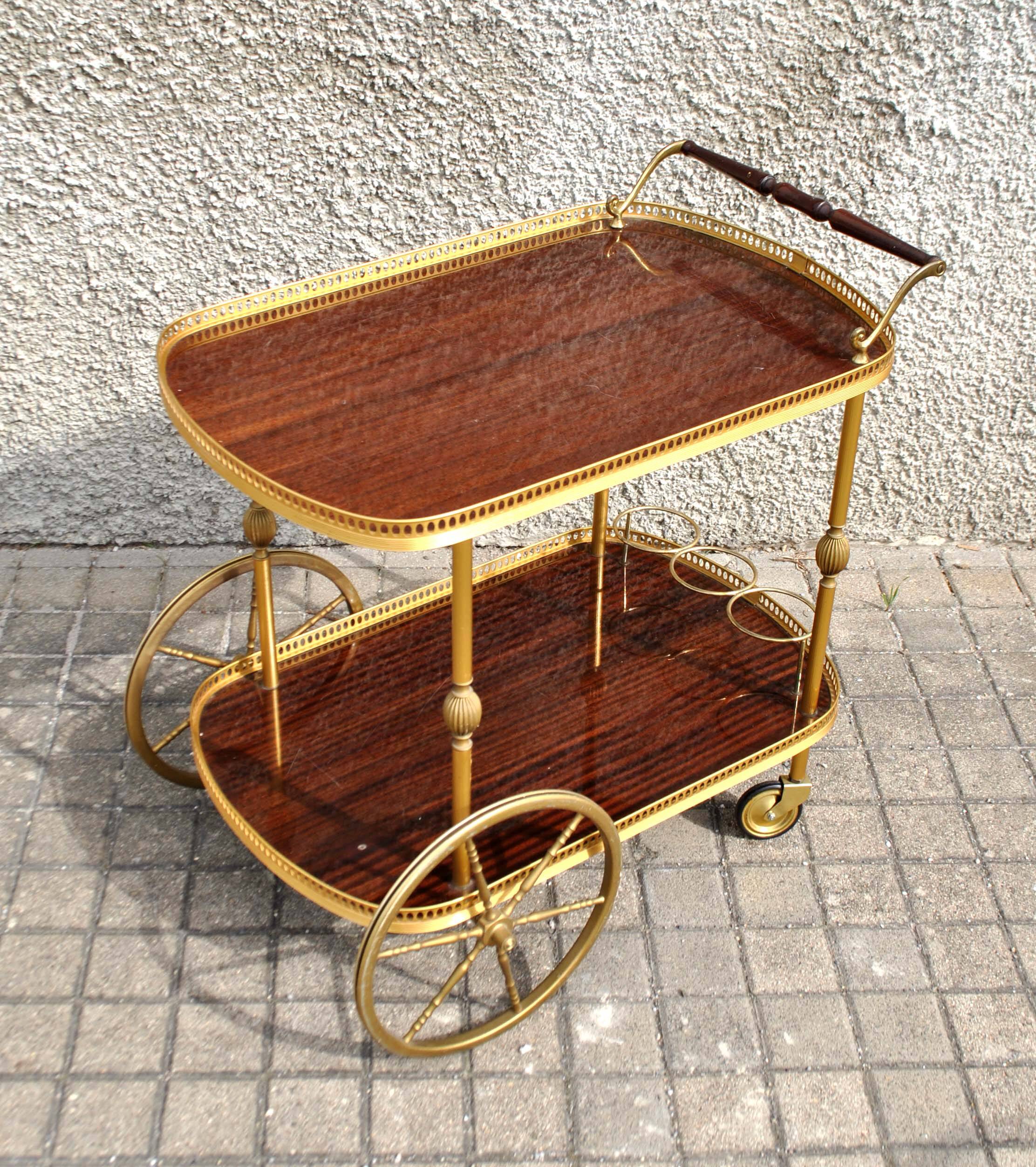 Vintage bar trolley in matte gold metal and melamine 1960