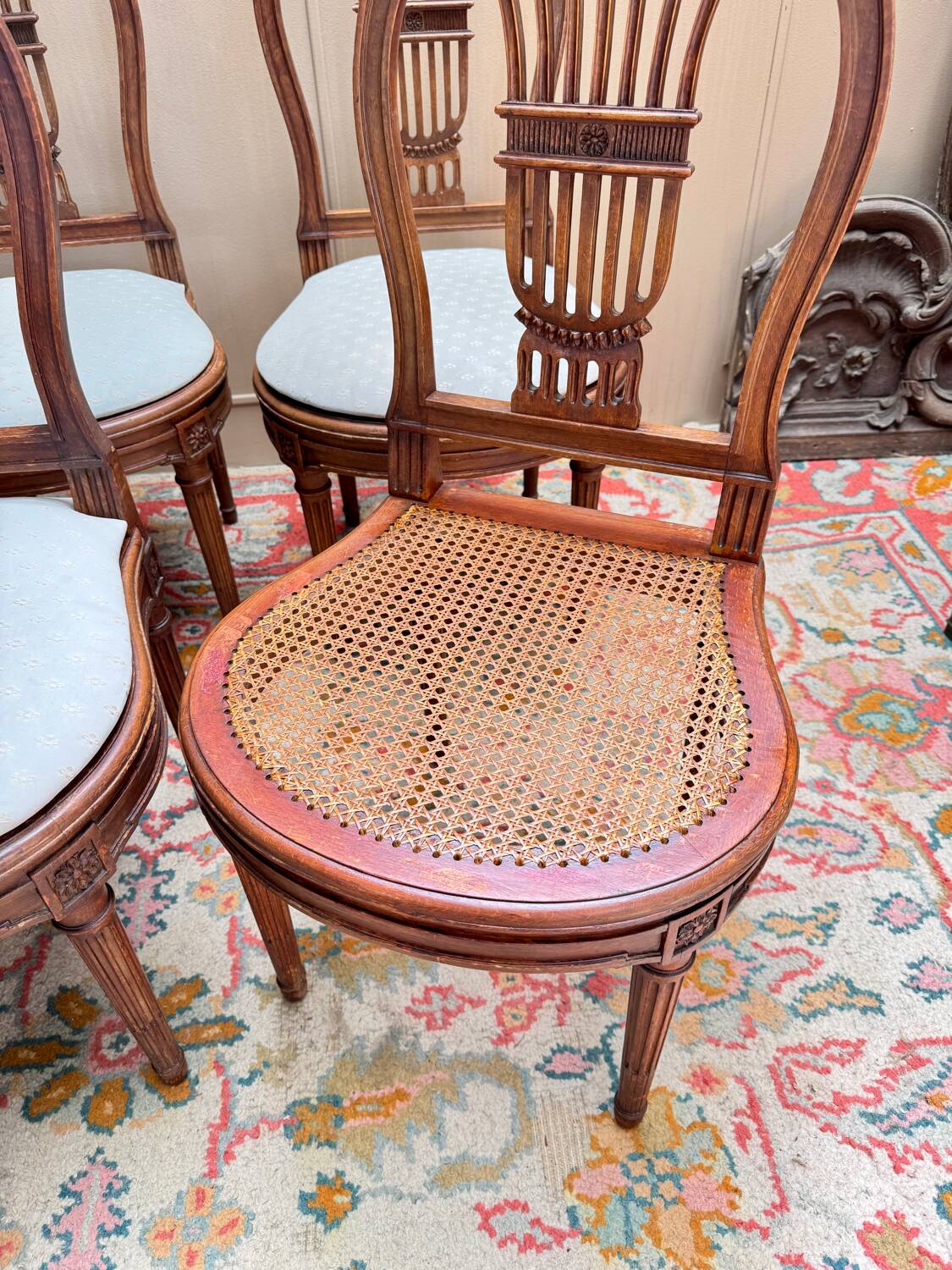 Set of six Louis XV style natural wood sheaf back chairs
