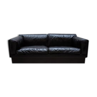 Durlet black leather couche, settee 1970 made in Belgium