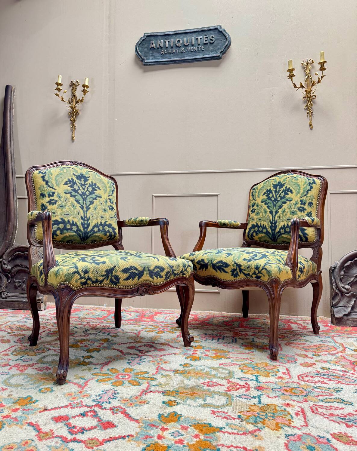Pair of Louis XV Style Walnut Armchairs, 19th Century