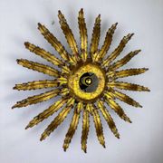 Large French sunburst flower leafed light fixture in gilt metal, 1960s
