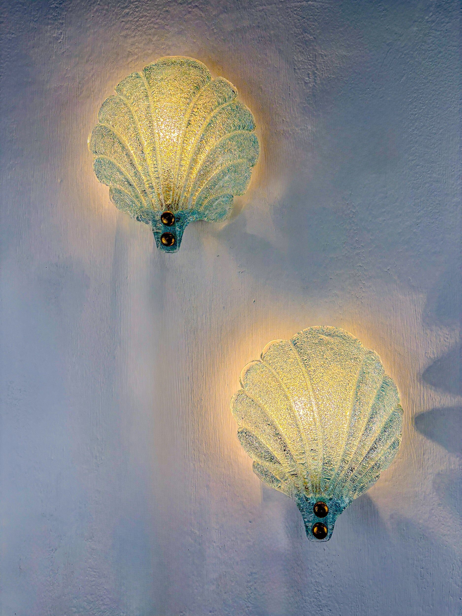 Pair of shell-shaped frosted blue Murano glass wall sconces, Italy, 1970s