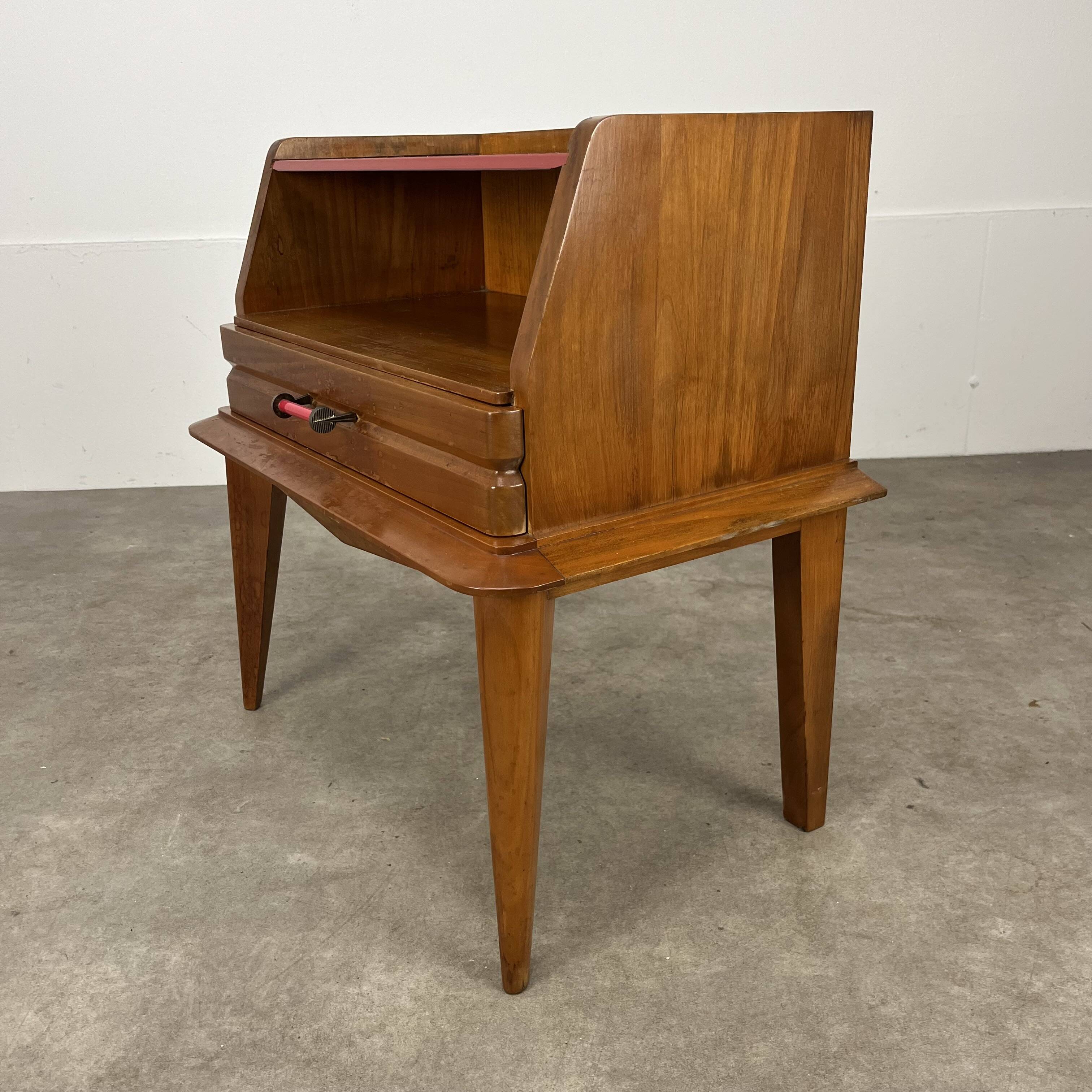 50s vintage style bedside table, wood and glass