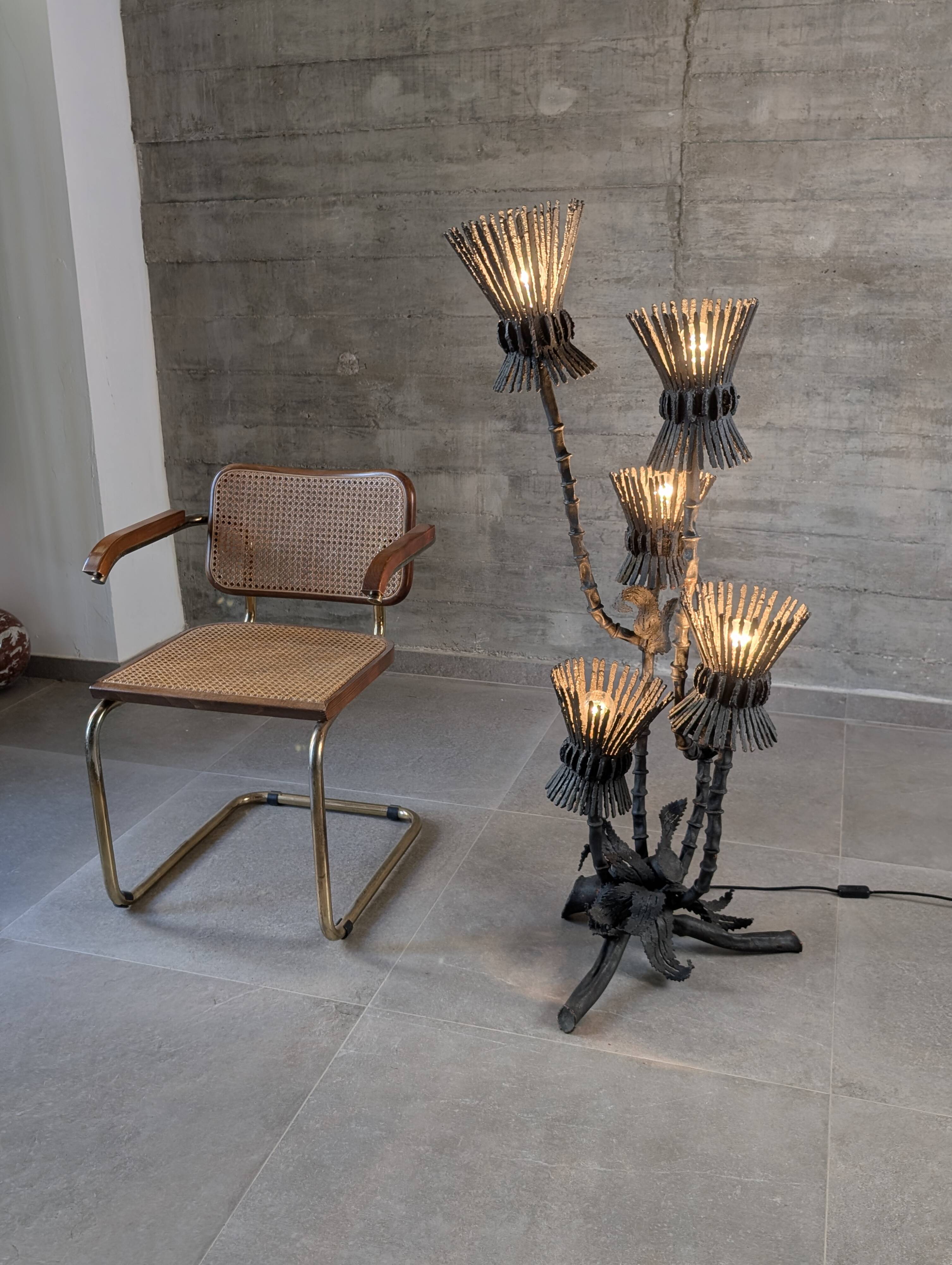 Brutalist floor lamp with five thistle-shaped lights in black wrought iron, 1970s