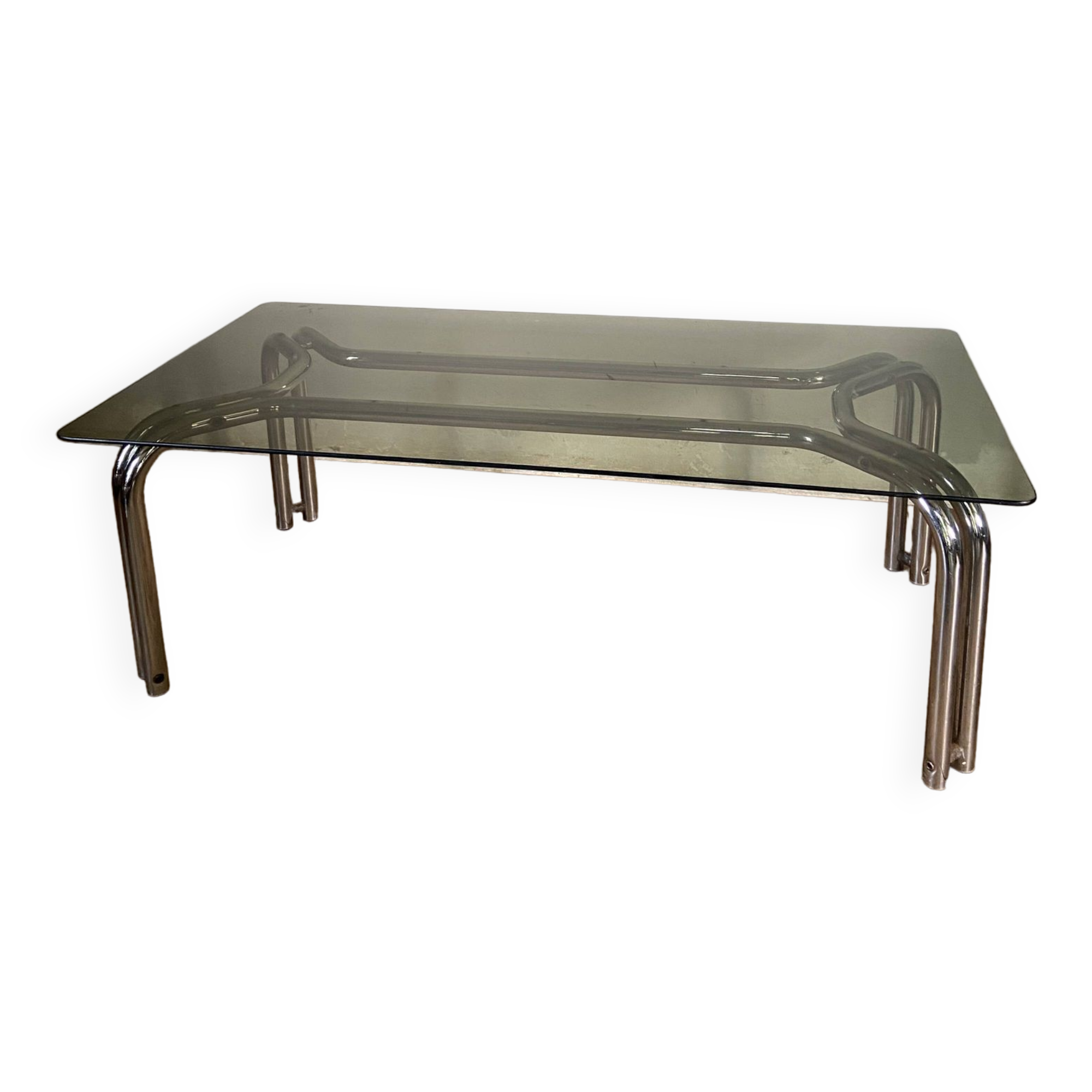 Vintage 70s table in tubular chrome and smoked glass
