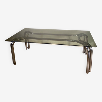 Vintage 70s table in tubular chrome and smoked glass