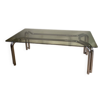 Vintage 70s table in tubular chrome and smoked glass