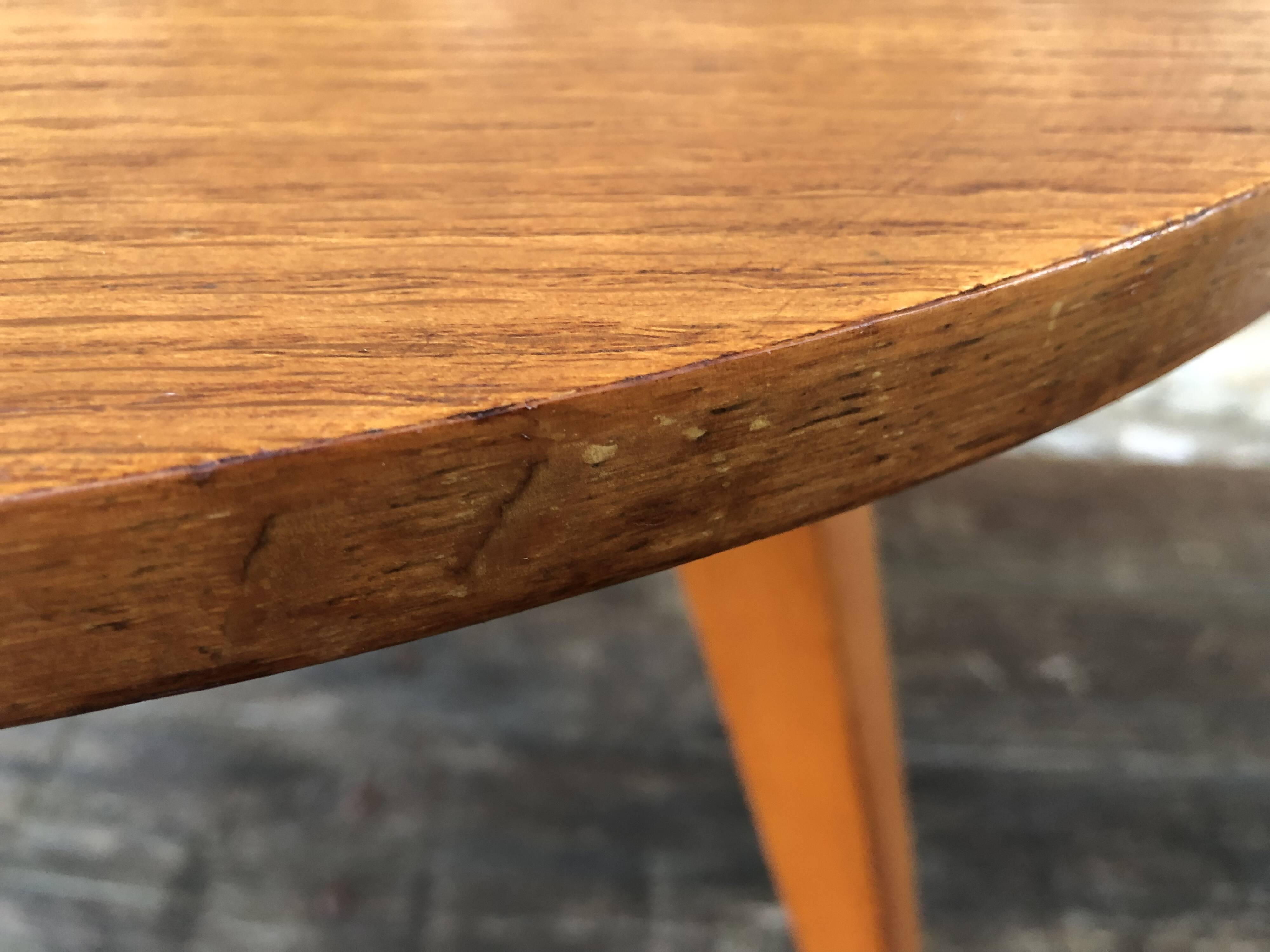 Vintage round coffee table, oak tripod legs circa 60