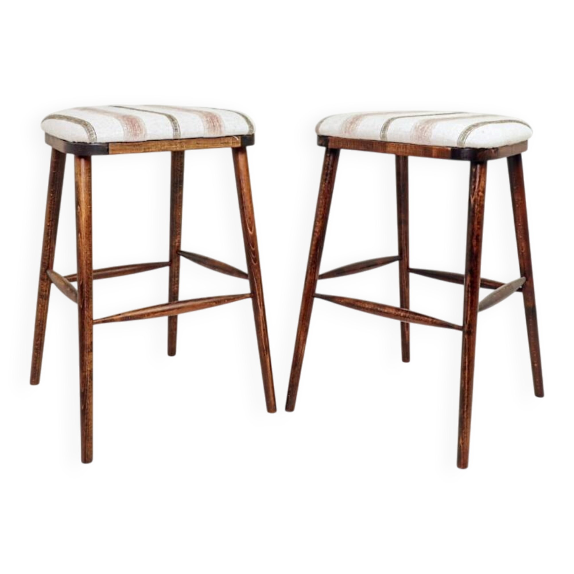 Rustic Beech Bar Stools – Striped Jacquard Fabric
