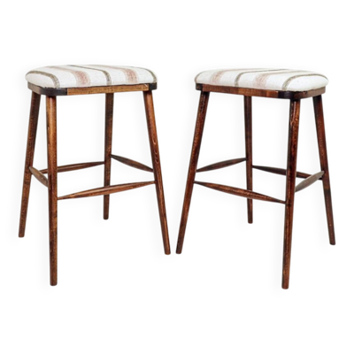 Tabourets de bar en hêtre rustique – Tissu jacquard rayé